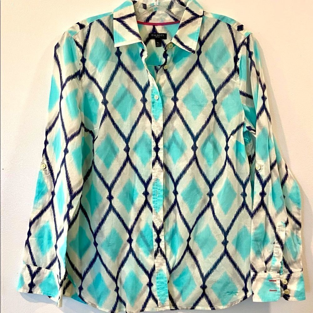 Talbots Aqua/Navy/White B/F Tab Sleeve Woman's Blouse Top Semi Sheer Sz MP